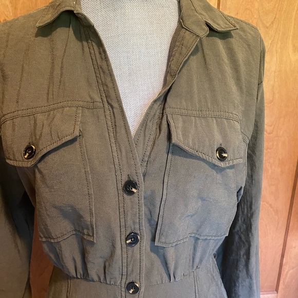 Zara Cute Fall Olive Green Mini Button Dress Made Morroco & Long Sleeve Sz Lg - Picture 2 of 5